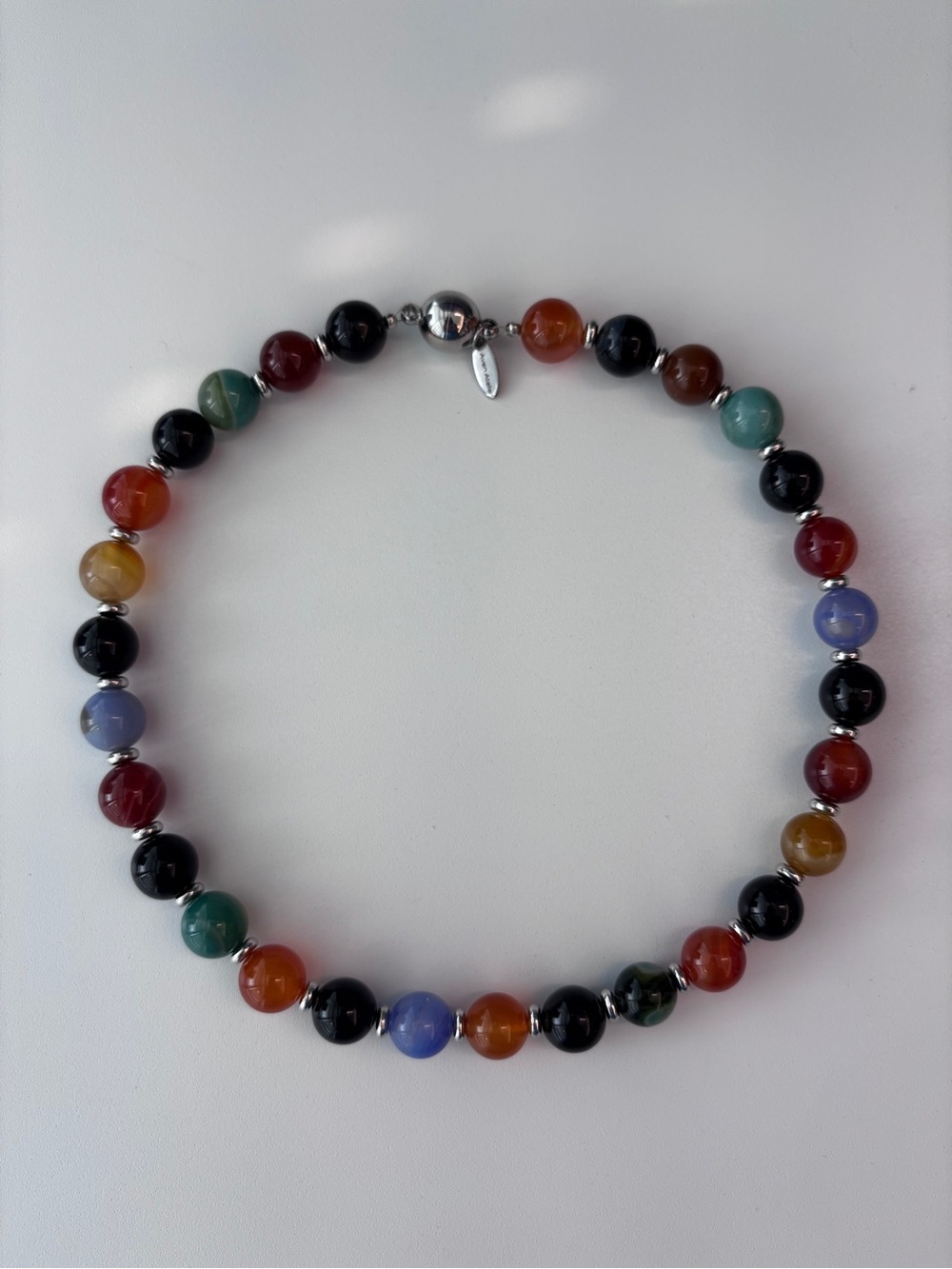 multicolored agate beads Necklace 
With silver tone accents